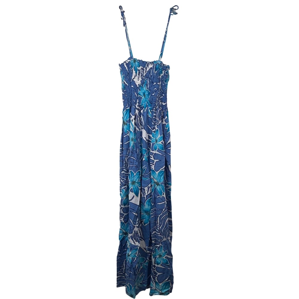 Shannon Marie Hawaiian Maxi Dress Blue Floral Smocked Tie Strap Made in Hawaii L